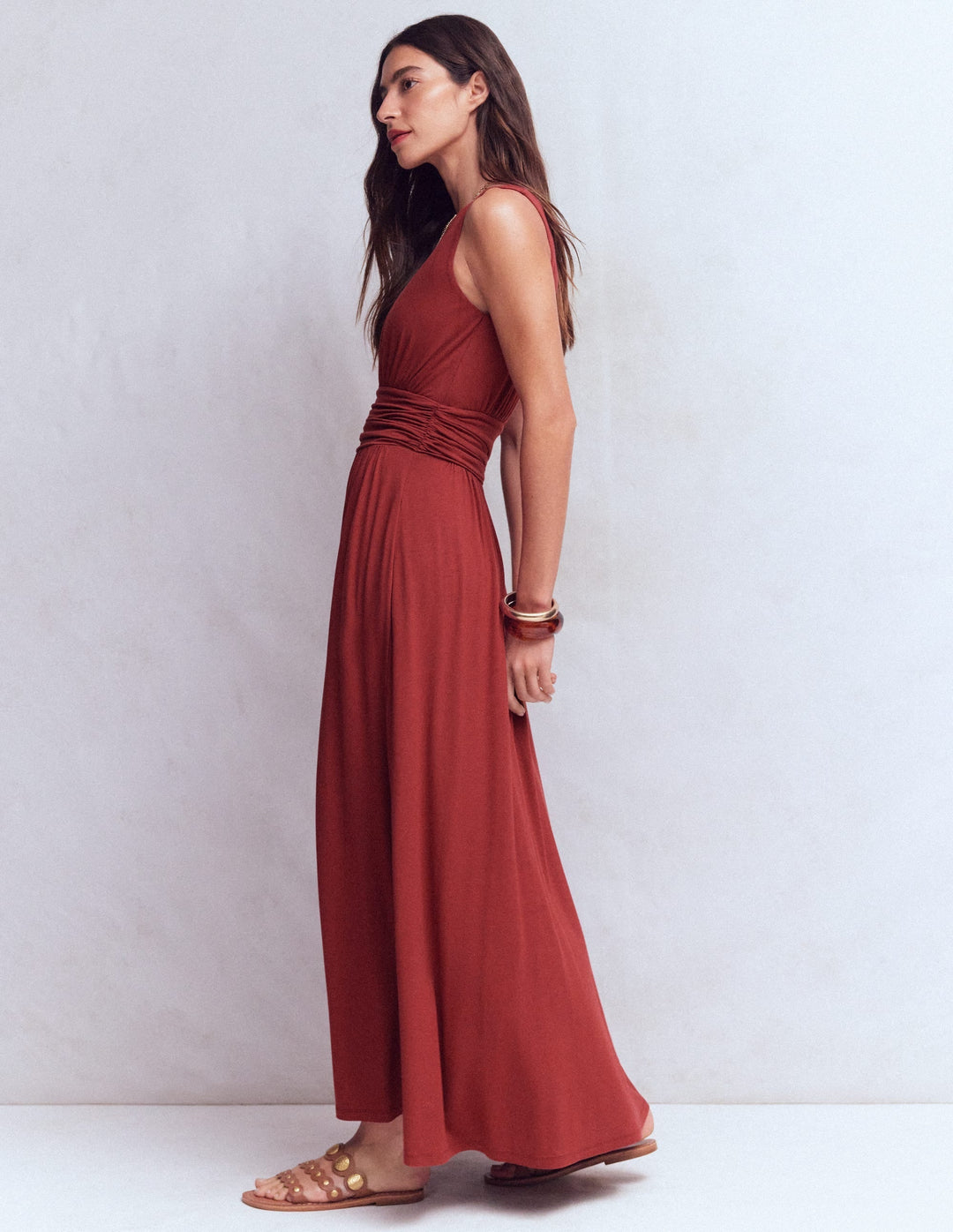 Autumn/summer rich chestnut draped babydoll maxi dress, flowy and long for an elegant, relaxed look.