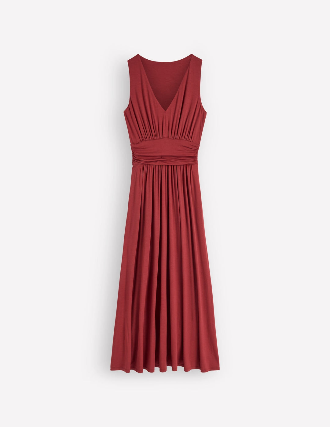 Women's rich chestnut draped babydoll maxi dress, comfortable V-neck, flowy, and long for versatile elegance.