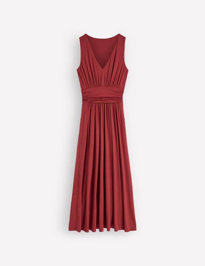 Women's rich chestnut draped babydoll maxi dress, comfortable V-neck, flowy, and long for versatile elegance.