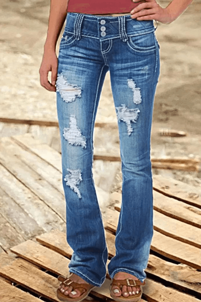 Women's ripped high-waisted bootcut jeans in blue denim, offering a flattering fit and trendy style.
