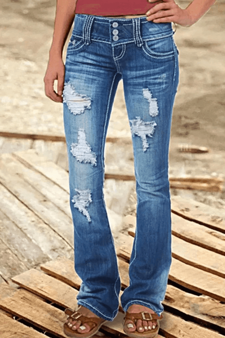 Women's ripped high-waisted bootcut jeans in blue denim, offering a flattering fit and trendy style.