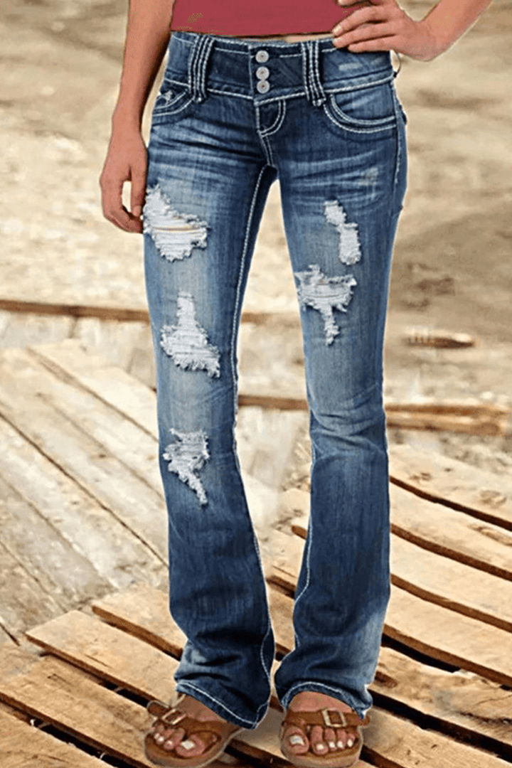 Stylish women's ripped high-waisted bootcut denim jeans, perfect for casual wear and effortless fashion.