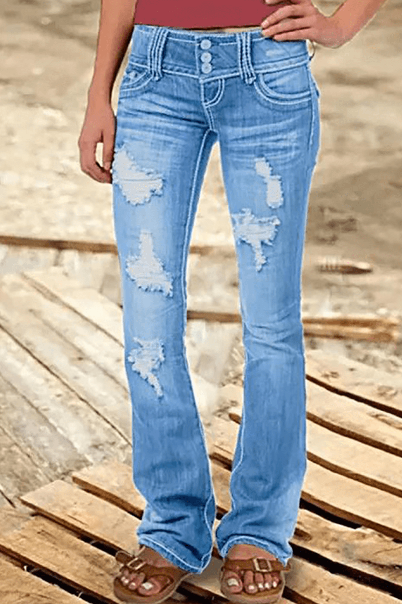 Classic blue denim women's high-waisted ripped bootcut jeans, designed for comfort and a flattering silhouette.