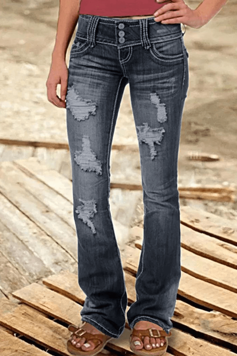 Women's high-waisted ripped bootcut jeans; trendy denim for casual, stylish, and flattering fashion wear.