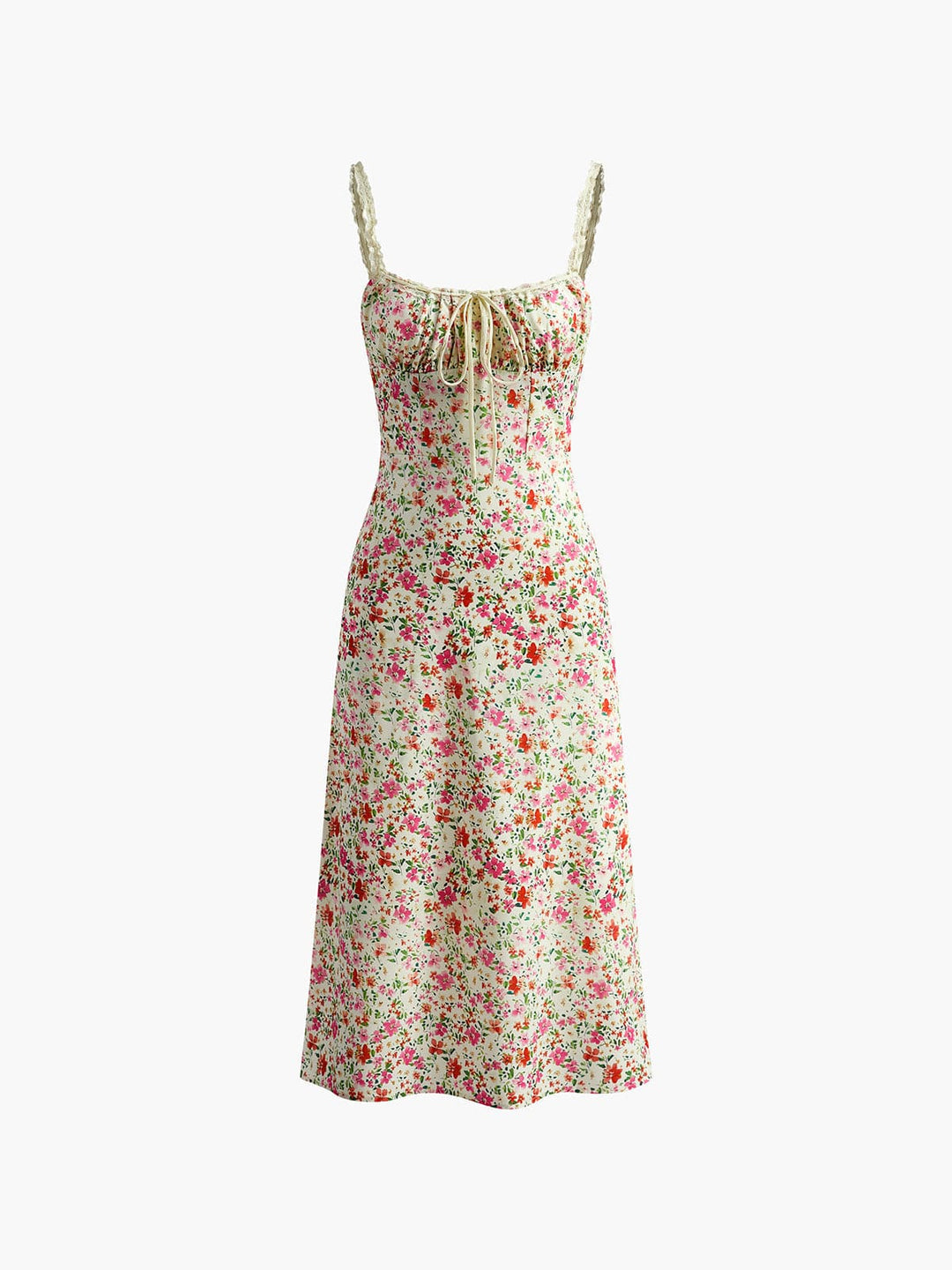 Romantic floral print midi dress for women, featuring a flattering silhouette, lace trim, and flowy hem.