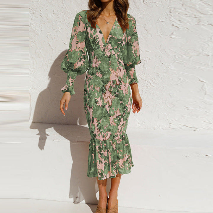 Casual yet chic women's floral smocked midi dress, ideal for summer evenings.