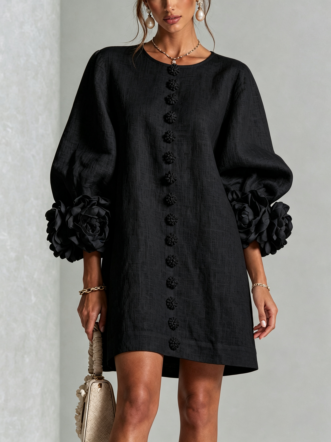 Women's versatile long sleeve mini dress, with a stylish buttoned front.
