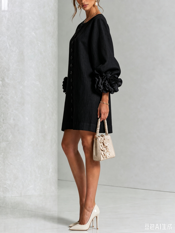Chic round neck button-down shift dress, long sleeves for cool evenings.