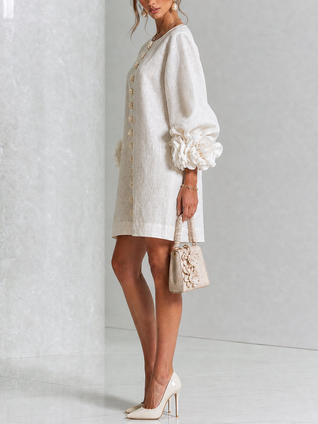 Casual women's button-down long sleeve mini shift dress, perfect for spring.