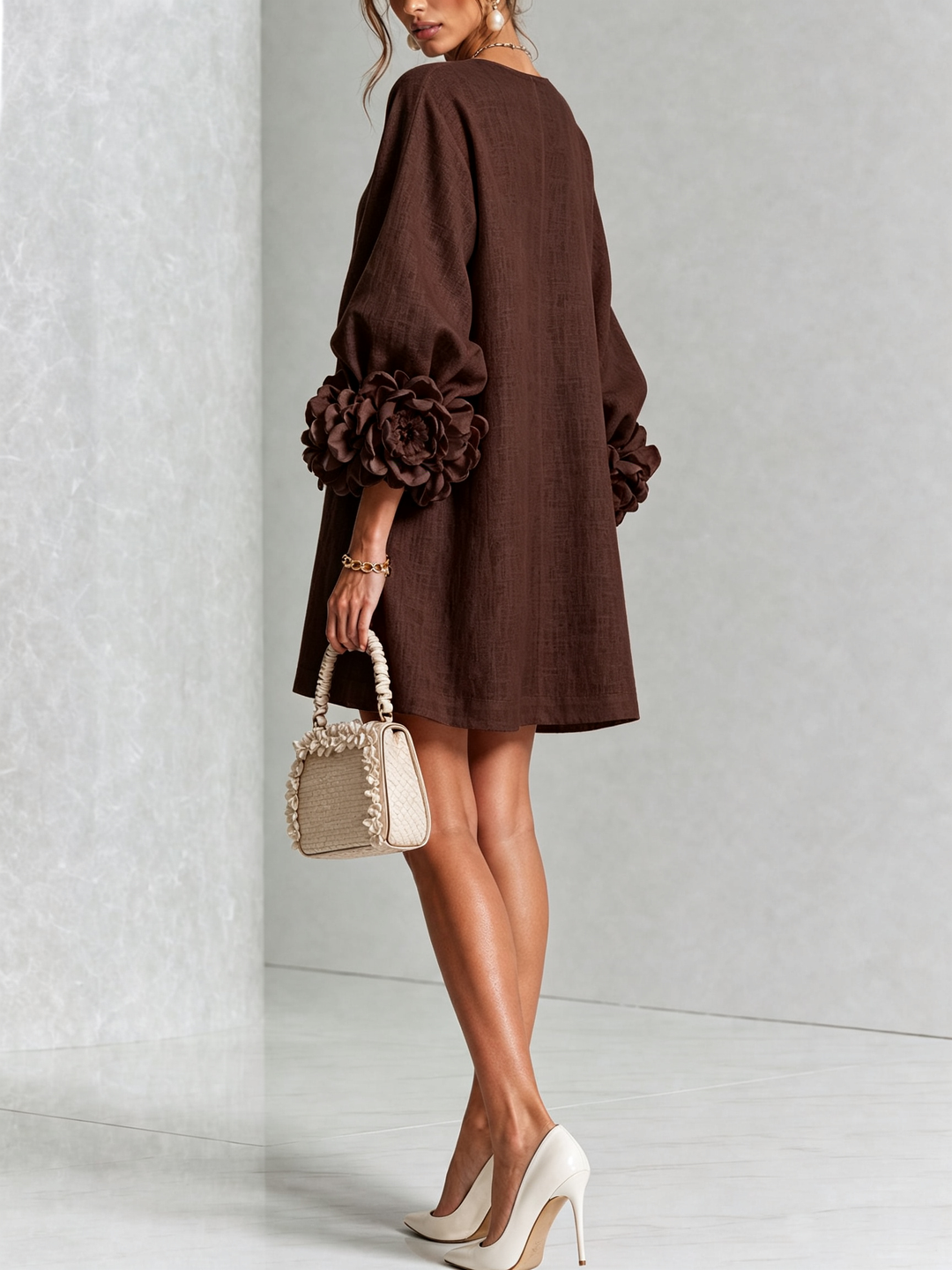 Casual long sleeve shift dress for women, stylish button details.