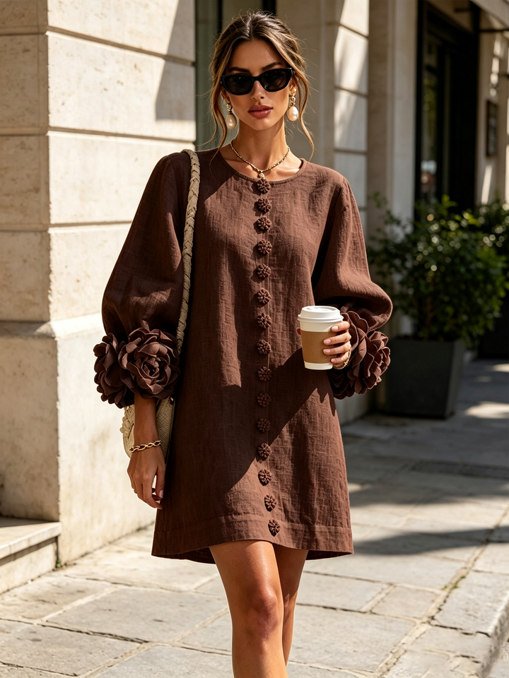 Women's trendy round neck mini dress, long sleeve design for comfort.