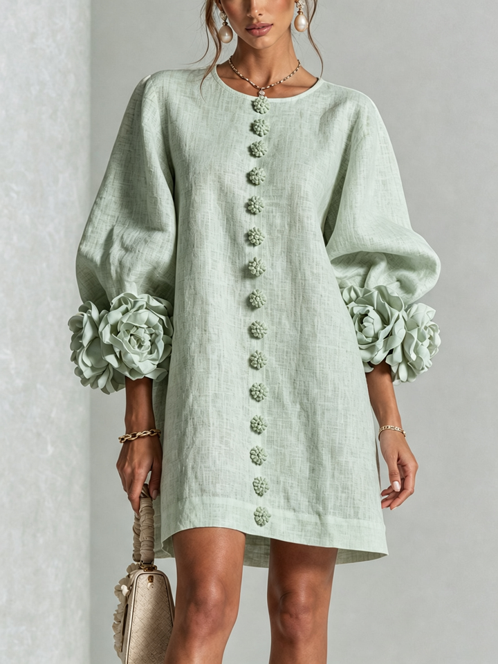 Comfortable spring floral long sleeve shift dress, soft fabric feel.