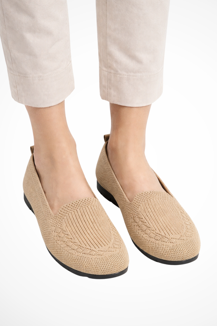 Beige round toe slip-on ballet flats, women's versatile and comfortable everyday shoes.