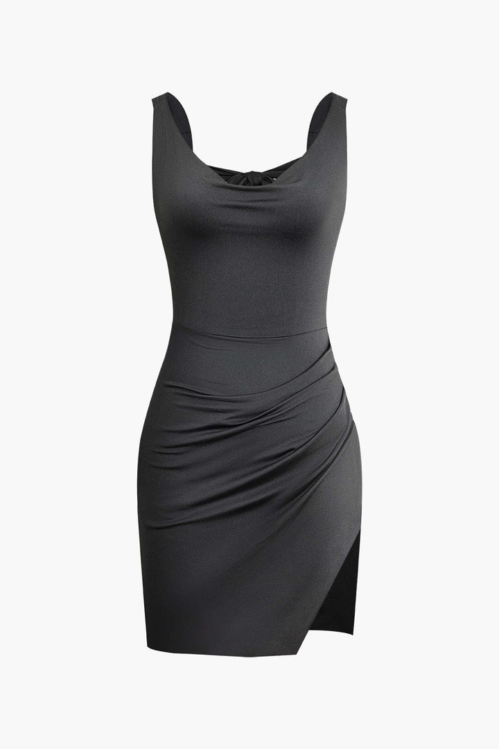 Elegant women's fitted bodycon mini dress with ruched details. Ideal sleeveless party & cocktail dress.