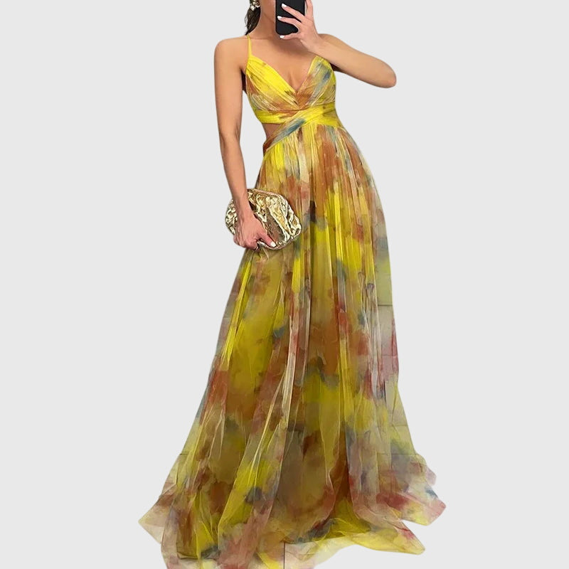 Front view of women's ruched flowy maxi dress, highlighting elegant design and adjustable straps.