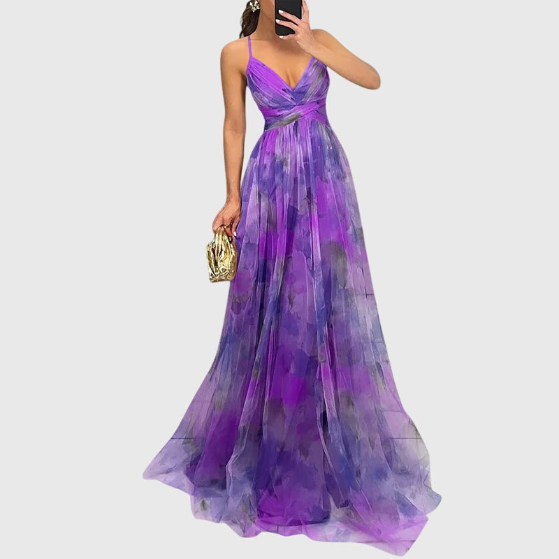 Everyday women's maxi dress with ruched bodice, flowy skirt, and adjustable spaghetti straps.