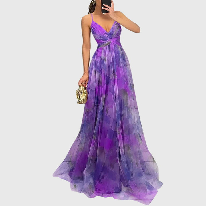 Everyday women's maxi dress with ruched bodice, flowy skirt, and adjustable spaghetti straps.