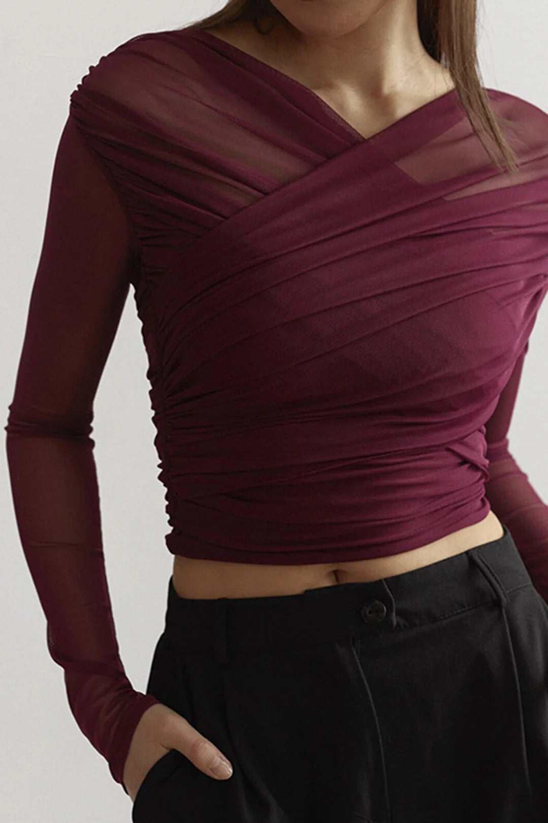 Women's ruched mesh long sleeve top in burgundy, bodycon fit