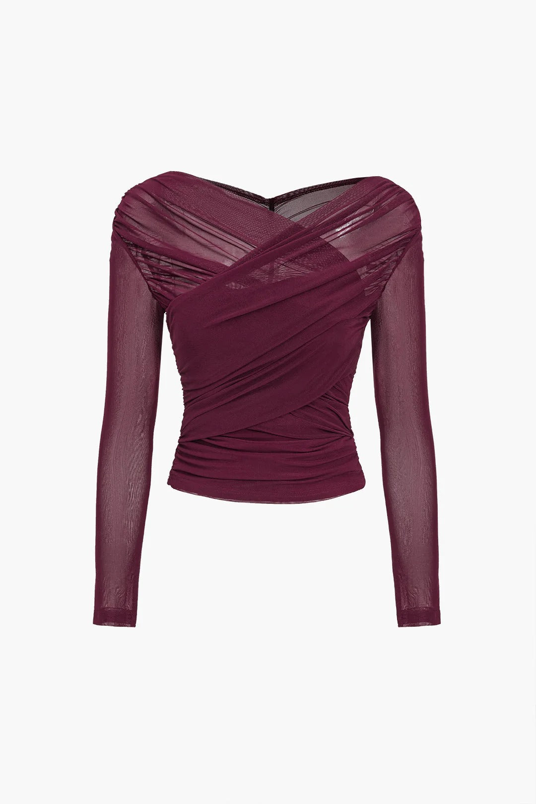 Stylish women's party top with sheer ruched mesh long sleeves
