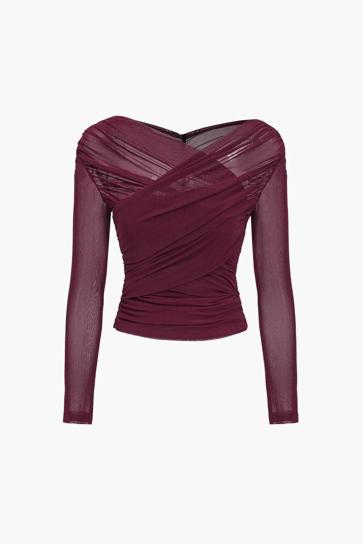 Stylish women's party top with sheer ruched mesh long sleeves