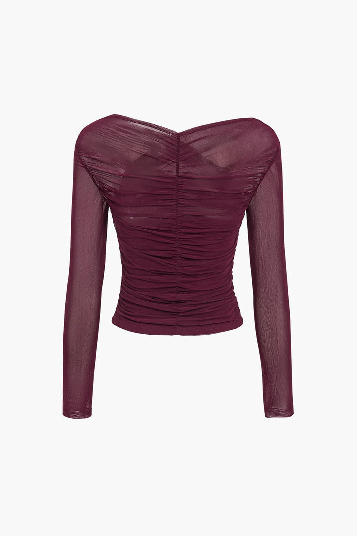 Burgundy cropped ruched mesh long sleeve top for a trendy look