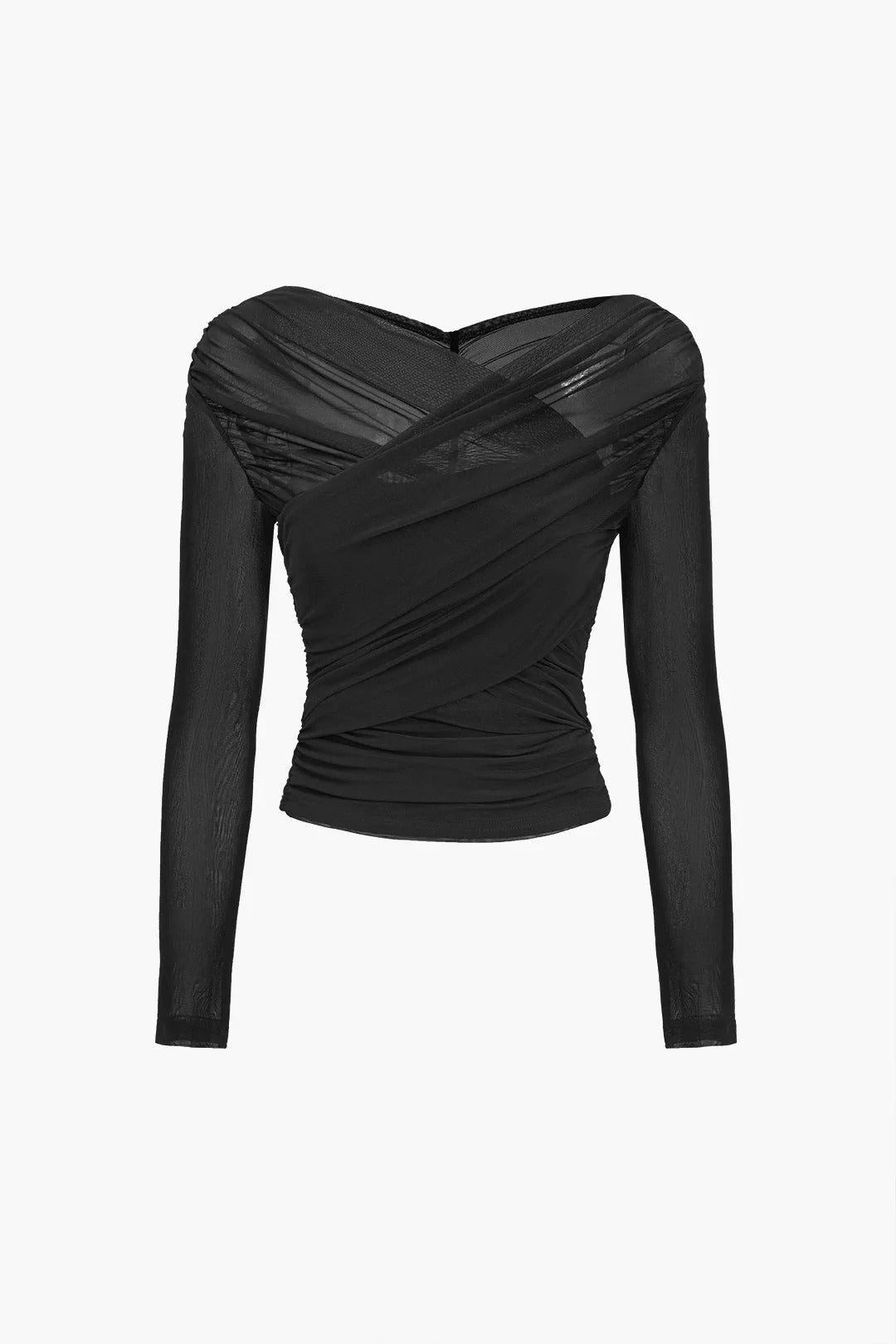 Fashionable women's ruched long sleeve mesh top, versatile style