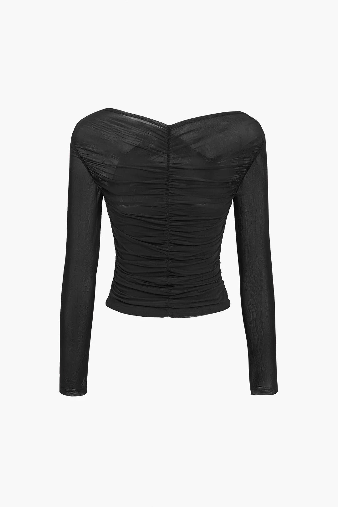 Women's sheer mesh long sleeve top with ruching detail, burgundy color