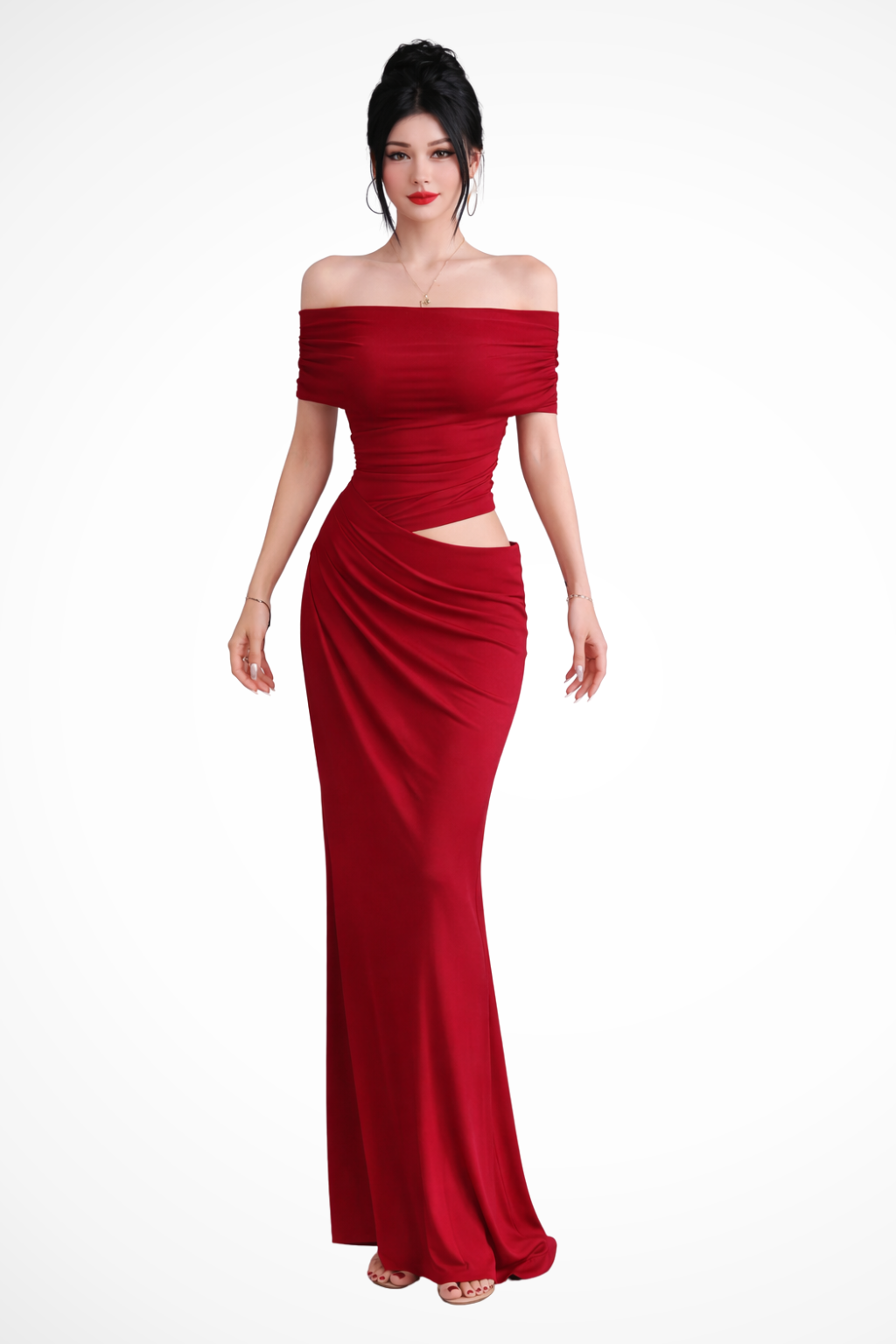 Women's Ruched Off Shoulder Maxi Dress, elegant for weddings & evening events.