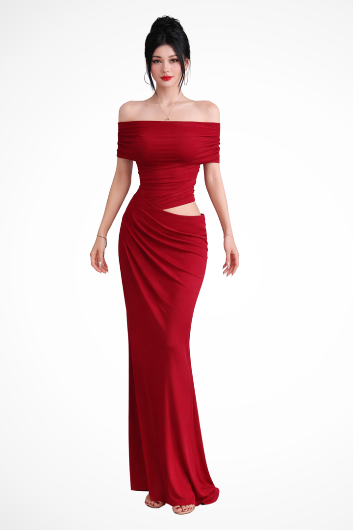 Women's Ruched Off Shoulder Maxi Dress, elegant for weddings & evening events.