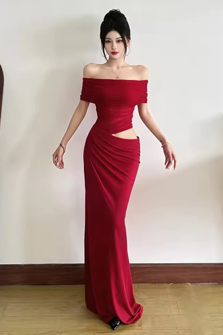 Chic ruched off-shoulder maxi dress, perfect wedding guest attire & formal occasions.