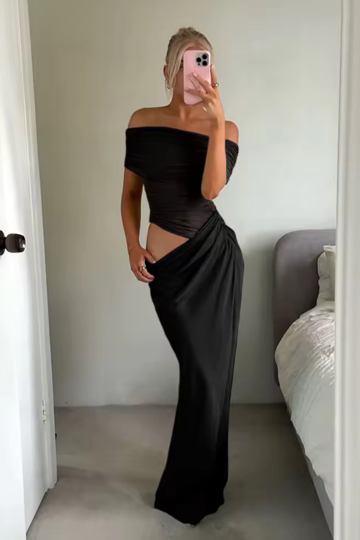 Stylish women's long off-shoulder ruched dress, ideal for elegant evening wear & special events.