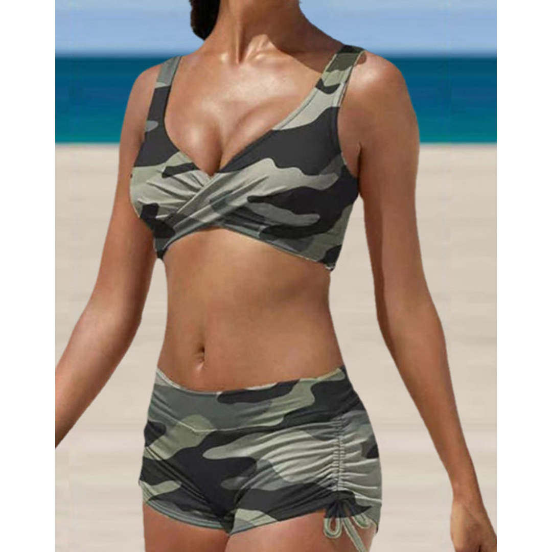Women's ruched shorts two-piece swimsuit with adjustable straps, perfect for beachwear & summer fashion.