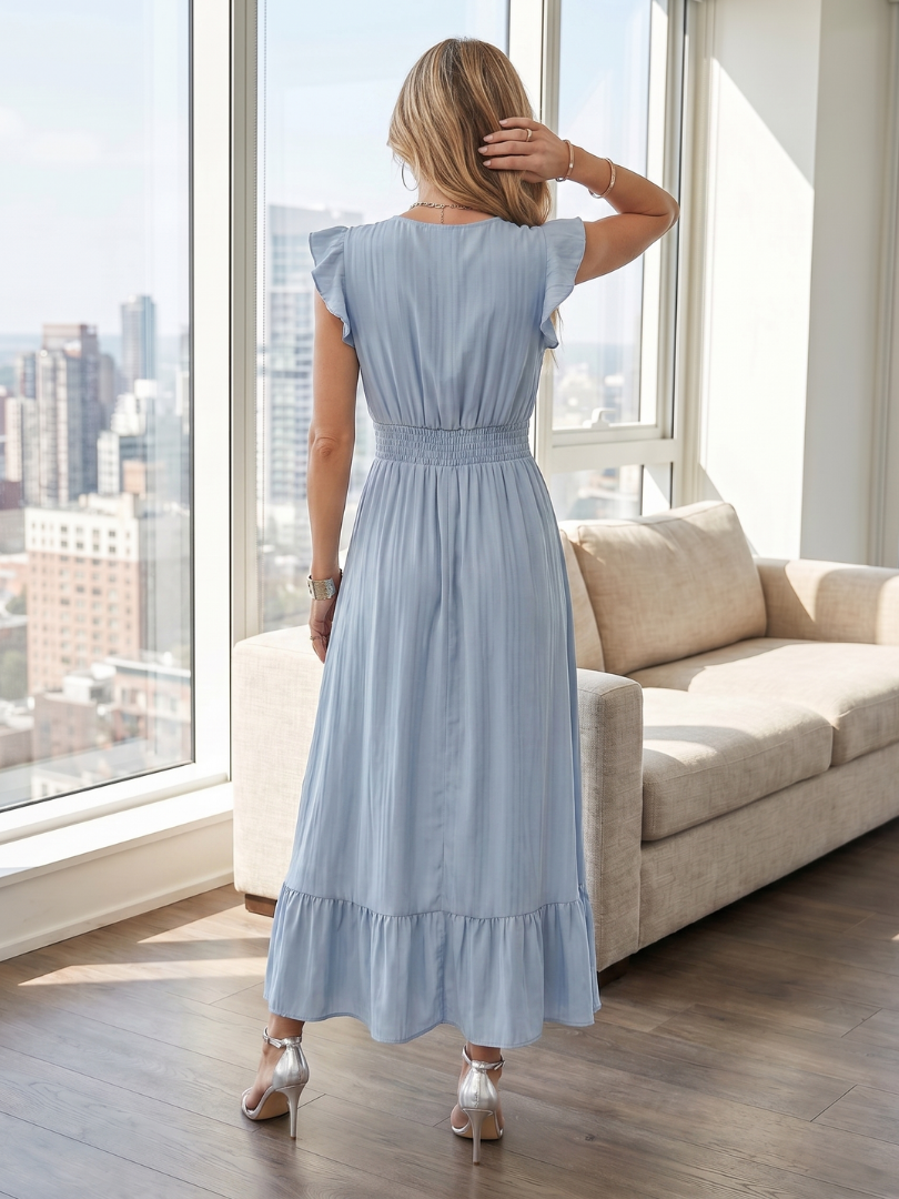 Casual women's summer midi dress with a comfortable smocked waist, chic ruffle sleeves, and a flattering V-neckline.