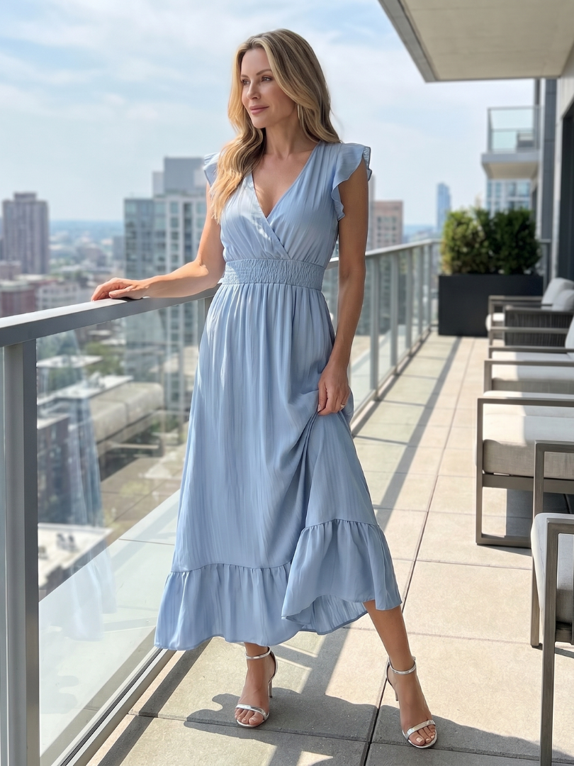 Close-up of the delicate ruffle sleeves on a women's smocked waist midi dress, perfect for summer elegance.