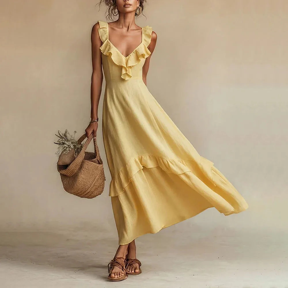 Chic Sleeveless V-neck A-Line Maxi Dress with ruffles, ideal for day, party or evening events.