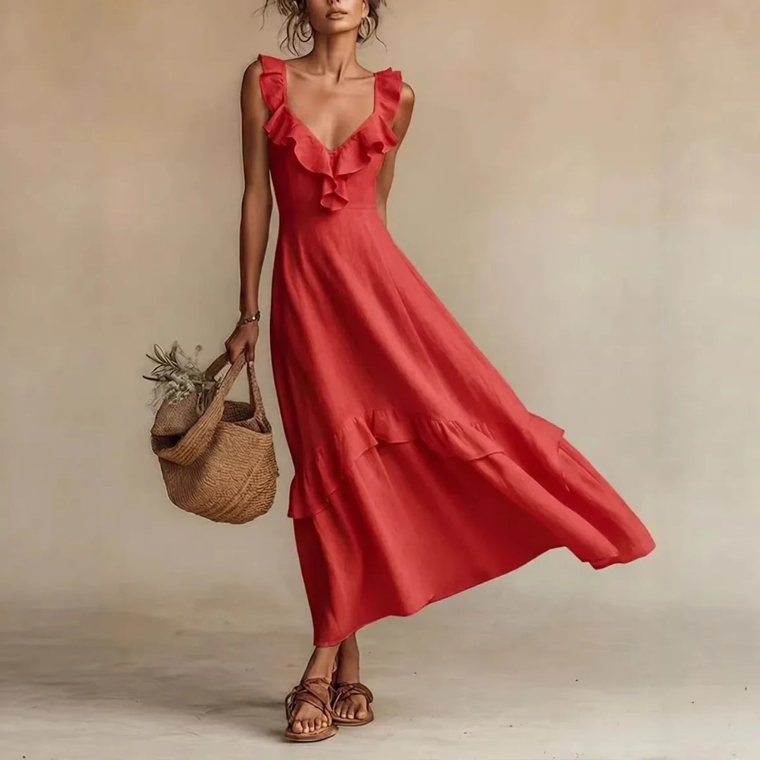 Comfortable Women's A-Line Ruffle Maxi Dress, a stylish sleeveless V-neck for versatile wear.