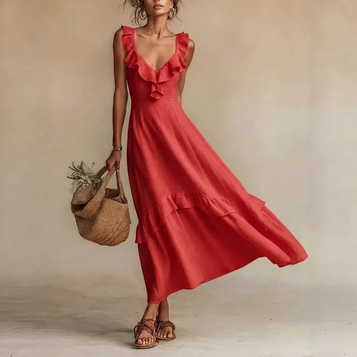 Comfortable Women's A-Line Ruffle Maxi Dress, a stylish sleeveless V-neck for versatile wear.