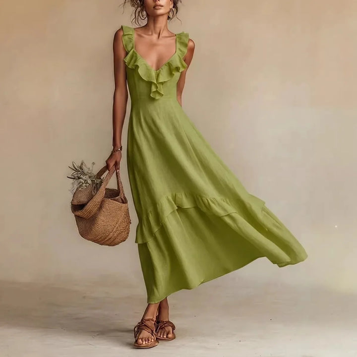 Versatile Ruffle Trim A-Line Maxi Dress for women, easily transitioning from casual day to elegant evening.