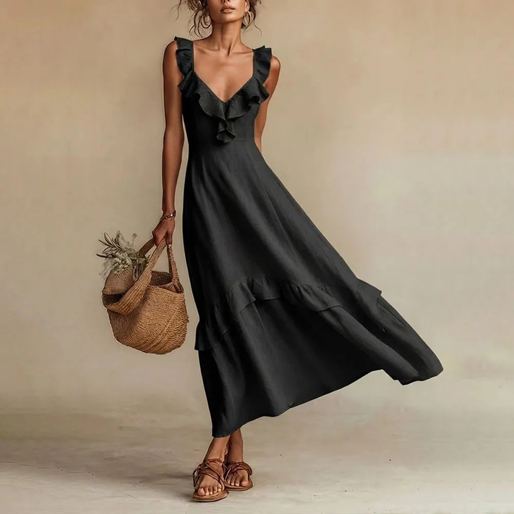 Elegant Women's A-Line Maxi Dress featuring delicate ruffle trim, a perfect summer V-neck design.
