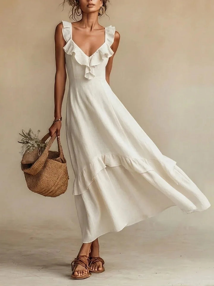 Modern Women's Ruffle Trim A-Line Maxi Dress with a V-neck, a fashionable sleeveless choice.