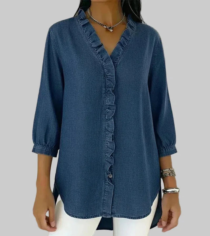 Women's Ruffle V-Neck Blouse with 3/4 sleeves & stylish hi-low hem. Perfect for spring fashion.