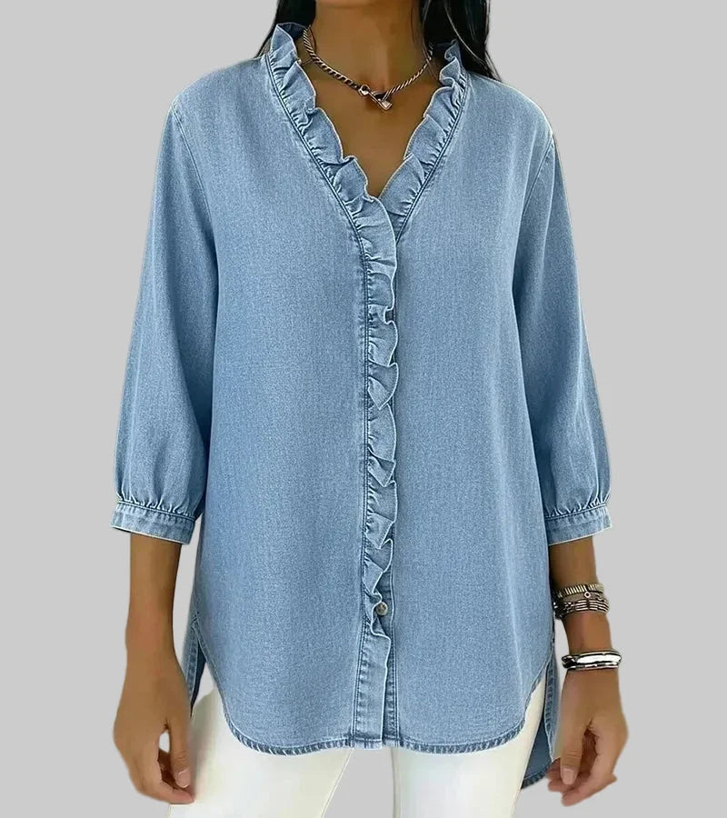 Full view of a women's elegant ruffle v-neck blouse with 3/4 sleeves & a flattering hi-low hem. Casual chic.