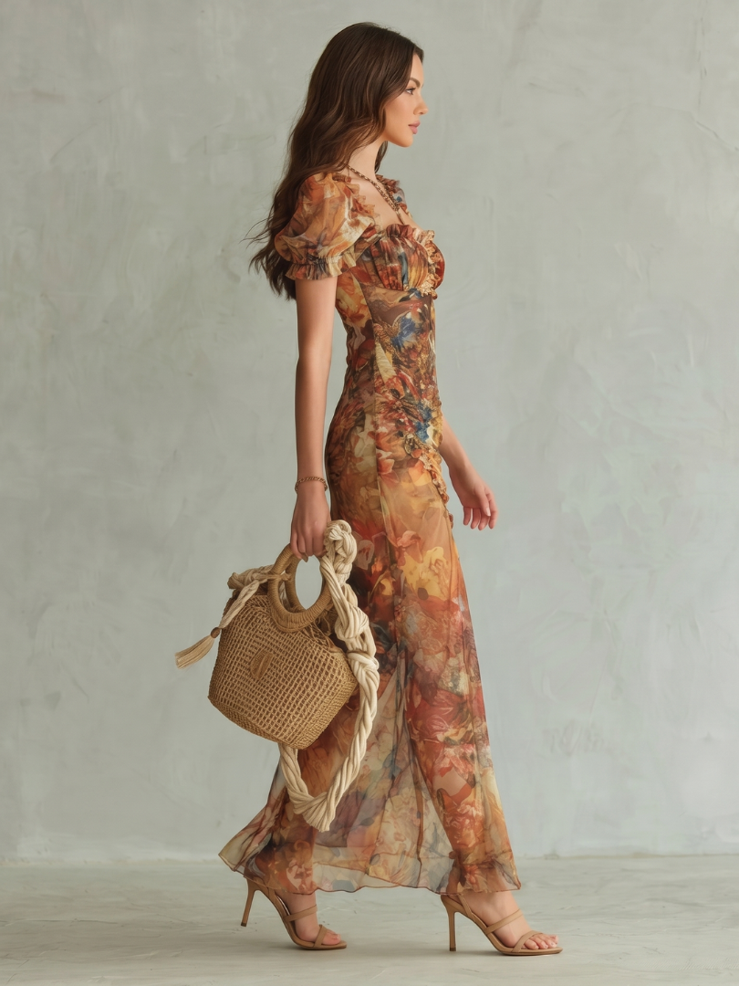 Flowy women's midi dress featuring ruffles and ruched details. Ideal for elegant summer occasions.