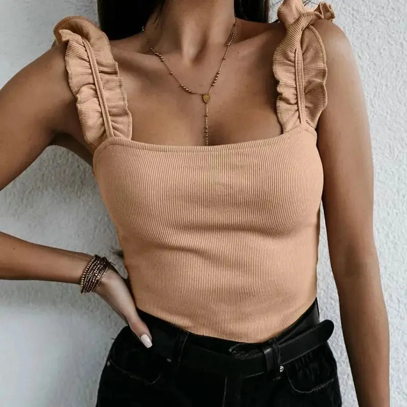Summer fashion women's ruffled square-neck tank top. Casual chic sleeveless top for warm weather.
