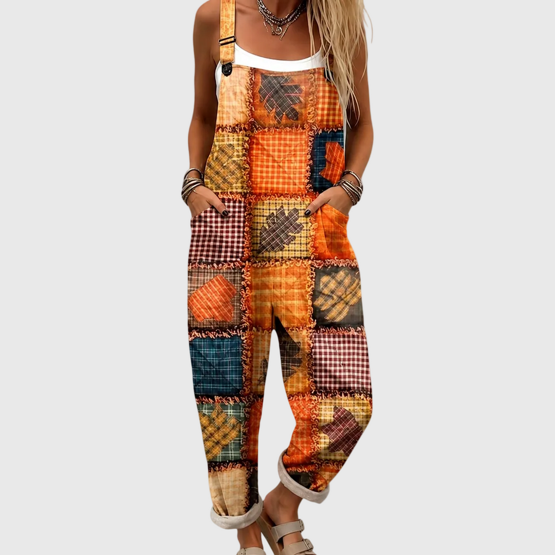 Women's rustic patchwork overalls with a cozy loose fit, perfect for casual wear. Features adjustable straps & pockets.