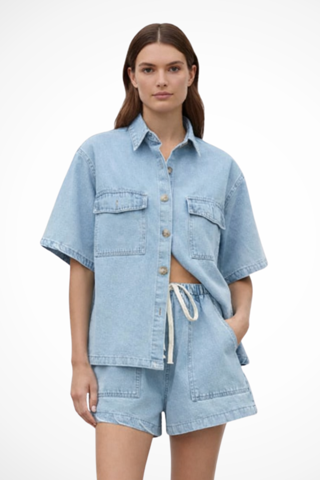 Women's Sadie light blue button down shirt & drawstring shorts set. Casual two-piece summer outfit.