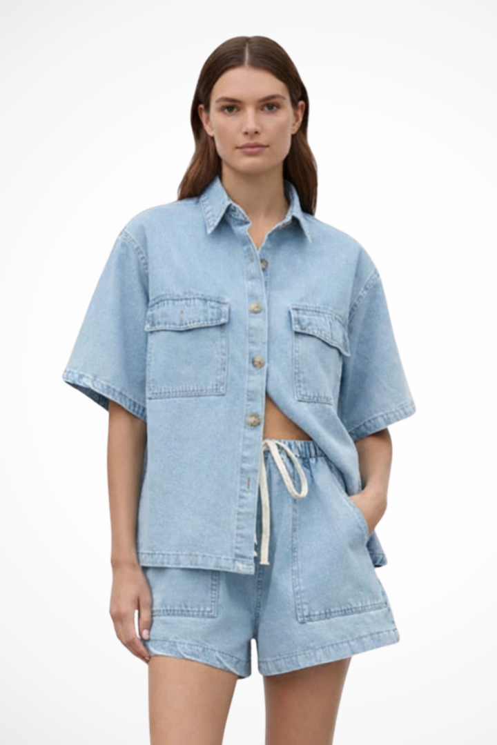 Women's Sadie light blue button down shirt & drawstring shorts set. Casual two-piece summer outfit.