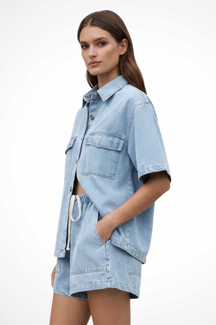 Navy blue women's Sadie relaxed fit shirt & drawstring shorts two-piece set. Summer casual wear.