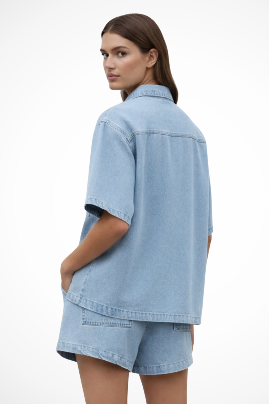 Women's button down shirt & drawstring shorts set for spring/summer. Relaxed fit, casual outfit.
