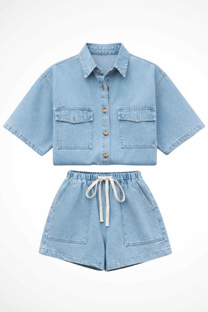Light blue women's Sadie shirt & shorts set. Perfect casual two-piece for summer fashion & daily wear.